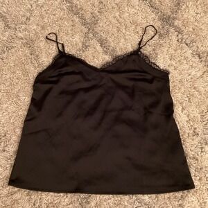 Gibson Womens Black Satin Eyelash Lace Trim V-Neck Camisole Cami Top Large